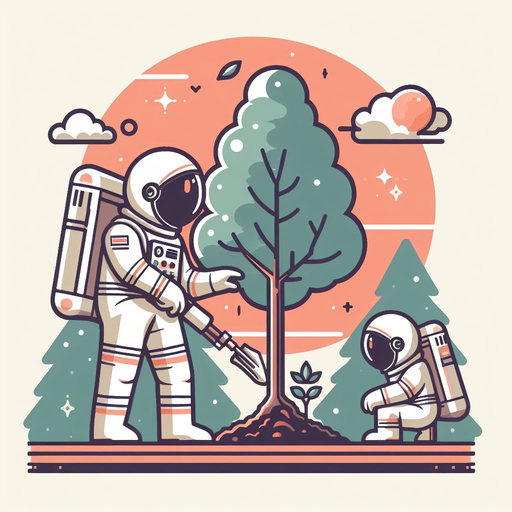 Astronautas plantando arboles